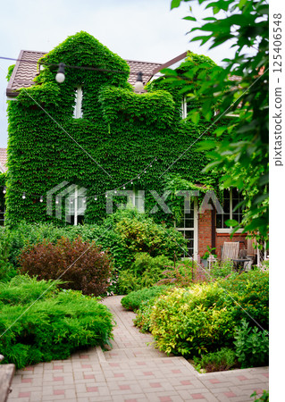 a house and a courtyard of a country house, braided with greenery. 125406548