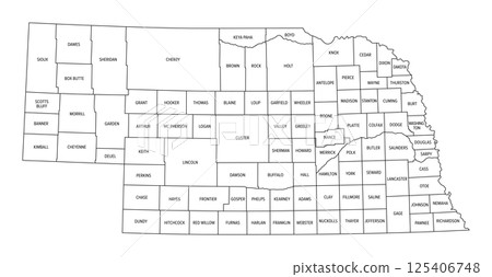 State of Nebraska, subdivided into 93 counties, outline map. Triply landlocked state in the Midwestern region of the United States, nicknamed The Cornhusker State. Map with county borders and names. State of Nebraska, subdivided into 93 counties, outline map. Triply landlocked state in the Midwestern region of the United States, nicknamed The Cornhusker State. Map with county borders and names. 125406748