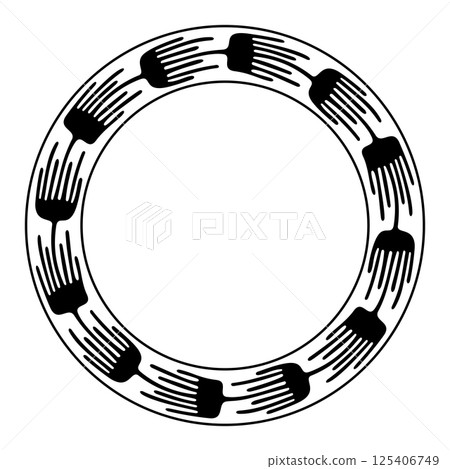 Circle frame with ancient Mexican floral motif. Decorative circular border using a pattern on an ancient cylindrical clay stamp, found in Los Remedios, Mexico. Isolated black and white illustration. Circle frame with ancient Mexican floral motif. Decorative circular border using a pattern on an ancient cylindrical clay stamp, found in Los Remedios, Mexico. Isolated black and white illustration. 125406749