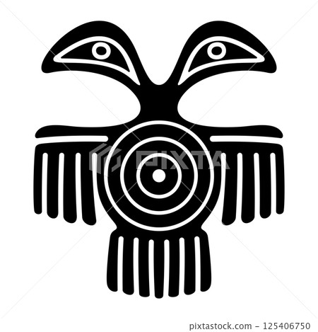 Fantastic bird motif of ancient Mexico. Aztec flat stamp motif with double-headed bird spreads his wings, and the optical illusion of eyes staring at you. Found in the historic center of Mexico City. 125406750