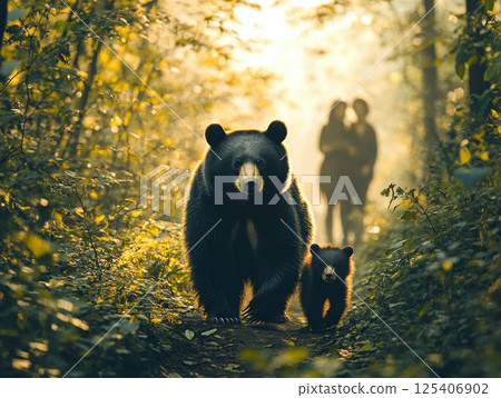 A mother and child Asiatic black bear seen off by a person_Coexistence of humans and bears in nature 125406902