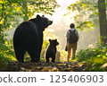 Asiatic black bear parent and child seeing people off_Coexistence of humans and bears in nature 125406903