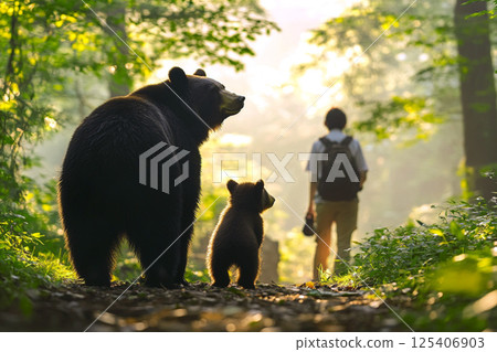 Asiatic black bear parent and child seeing people off_Coexistence of humans and bears in nature 125406903