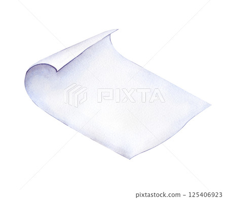An empty sheet of paper with a twisted corner is hand-drawn. Watercolor illustration on a white background. Isolated. Letter. Advertisement. The form. Clipart. A place for your inscription. An empty sheet of paper with a twisted corner is hand-drawn. Watercolor illustration on a white background. Isolated. Letter. Advertisement. The form. Clipart. A place for your inscription. 125406923