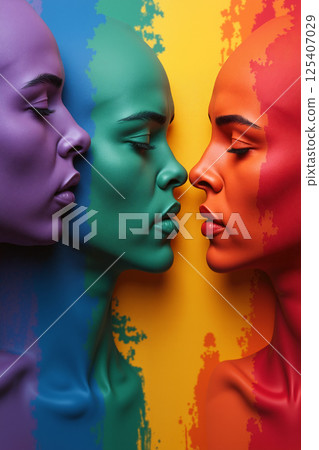 Vibrant Face Painting Showcases Artistic Expression With Colorful Models in Creative Setting Vibrant Face Painting Showcases Artistic Expression With Colorful Models in Creative Setting 125407029