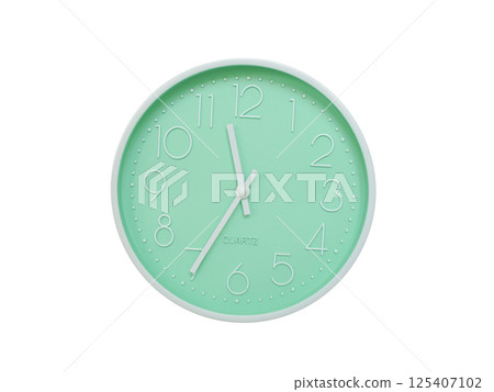 Modern mint green wall clock with white frame and numbers, showing 11:35 or 23:35. Ideal for minimalist designs, time-related content, or morning routine visuals. 125407102