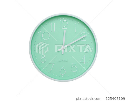 Modern mint green wall clock with white frame and numbers, showing 12:10 or 00:10. Ideal for minimalist designs, time-related content, or morning routine visuals. 125407109