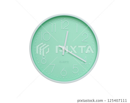 Modern mint green wall clock with white frame and numbers, showing 12:20 or 00:20. Ideal for minimalist designs, time-related content, or morning routine visuals. 125407111
