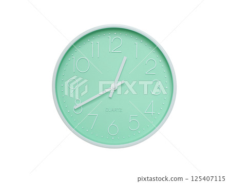 Modern mint green wall clock with white frame and numbers, showing 12:40 or 00:40. Ideal for minimalist designs, time-related content, or morning routine visuals. 125407115