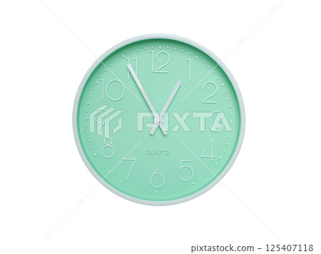 Modern mint green wall clock with white frame and numbers, showing 12:55 or 00:55. Ideal for minimalist designs, time-related content, or morning routine visuals. Modern mint green wall clock with white frame and numbers, showing 12:55 or 00:55. Ideal for minimalist designs, time-related content, or morning routine visuals. 125407118