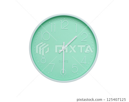 Modern mint green wall clock with white frame and numbers, showing 01:30 or 13:30. Ideal for minimalist designs, time-related content, or morning routine visuals. Modern mint green wall clock with white frame and numbers, showing 01:30 or 13:30. Ideal for minimalist designs, time-related content, or morning routine visuals. 125407125