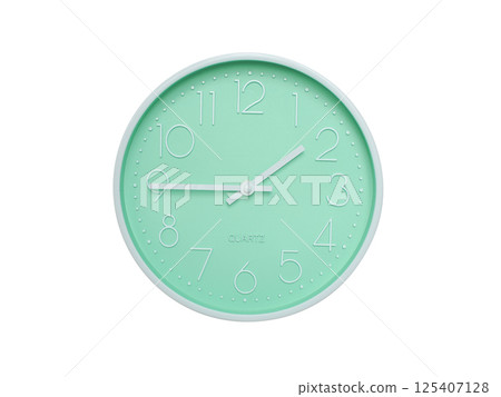 Modern mint green wall clock with white frame and numbers, showing 01:45 or 13:45. Ideal for minimalist designs, time-related content, or morning routine visuals. 125407128