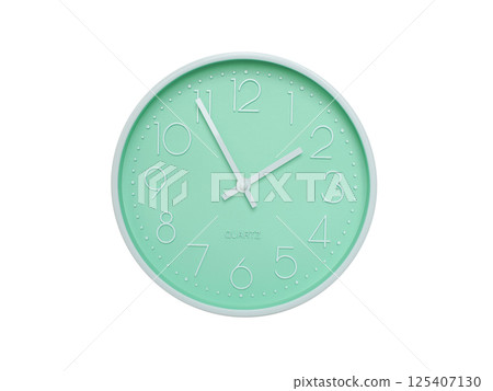 Modern mint green wall clock with white frame and numbers, showing 01:55 or 13:55. Ideal for minimalist designs, time-related content, or morning routine visuals. Modern mint green wall clock with white frame and numbers, showing 01:55 or 13:55. Ideal for minimalist designs, time-related content, or morning routine visuals. 125407130