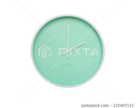 Modern mint green wall clock with white frame and numbers, showing 02:00 or 14:00. Ideal for minimalist designs, time-related content, or morning routine visuals. Modern mint green wall clock with white frame and numbers, showing 02:00 or 14:00. Ideal for minimalist designs, time-related content, or morning routine visuals. 125407131