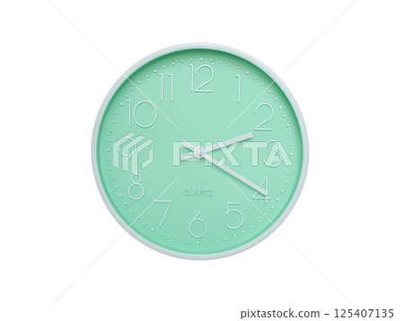 Modern mint green wall clock with white frame and numbers, showing 02:20 or 14:20. Ideal for minimalist designs, time-related content, or morning routine visuals. Modern mint green wall clock with white frame and numbers, showing 02:20 or 14:20. Ideal for minimalist designs, time-related content, or morning routine visuals. 125407135