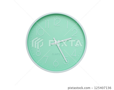Modern mint green wall clock with white frame and numbers, showing 02:25 or 14:25. Ideal for minimalist designs, time-related content, or morning routine visuals. Modern mint green wall clock with white frame and numbers, showing 02:25 or 14:25. Ideal for minimalist designs, time-related content, or morning routine visuals. 125407136