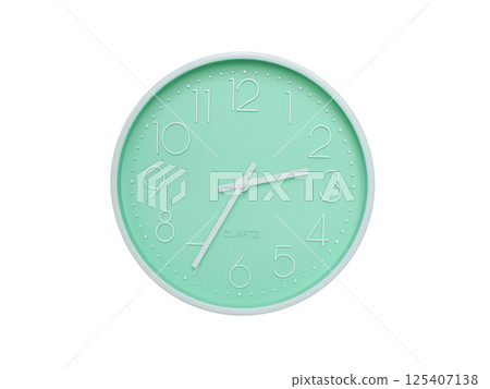 Modern mint green wall clock with white frame and numbers, showing 02:35 or 14:35. Ideal for minimalist designs, time-related content, or morning routine visuals. 125407138