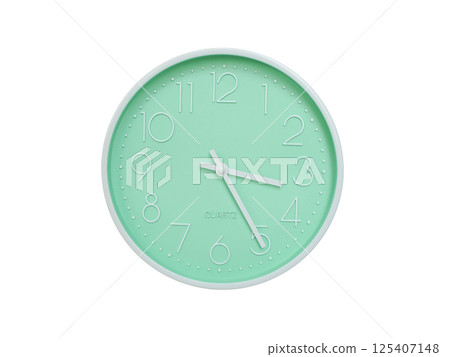 Modern mint green wall clock with white frame and numbers, showing 03:25 or 15:25. Ideal for minimalist designs, time-related content, or morning routine visuals. Modern mint green wall clock with white frame and numbers, showing 03:25 or 15:25. Ideal for minimalist designs, time-related content, or morning routine visuals. 125407148