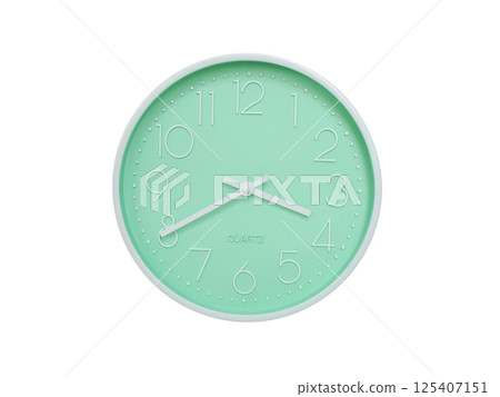 Modern mint green wall clock with white frame and numbers, showing 03:40 or 15:40. Ideal for minimalist designs, time-related content, or morning routine visuals. Modern mint green wall clock with white frame and numbers, showing 03:40 or 15:40. Ideal for minimalist designs, time-related content, or morning routine visuals. 125407151