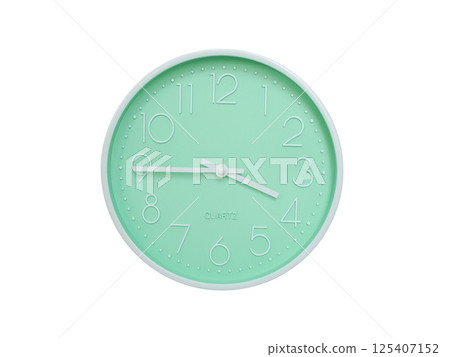 Modern mint green wall clock with white frame and numbers, showing 03:45 or 15:45. Ideal for minimalist designs, time-related content, or morning routine visuals. Modern mint green wall clock with white frame and numbers, showing 03:45 or 15:45. Ideal for minimalist designs, time-related content, or morning routine visuals. 125407152