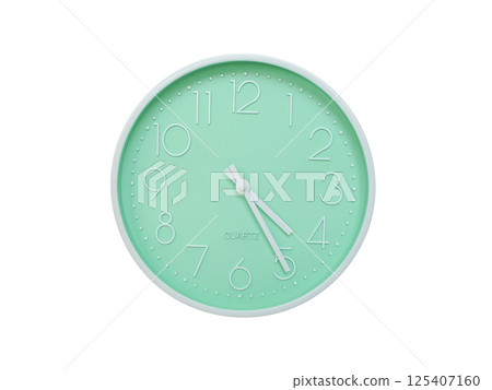 Modern mint green wall clock with white frame and numbers, showing 04:25 or 16:25. Ideal for minimalist designs, time-related content, or morning routine visuals. Modern mint green wall clock with white frame and numbers, showing 04:25 or 16:25. Ideal for minimalist designs, time-related content, or morning routine visuals. 125407160