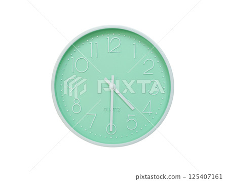 Modern mint green wall clock with white frame and numbers, showing 04:30 or 16:30. Ideal for minimalist designs, time-related content, or morning routine visuals. 125407161