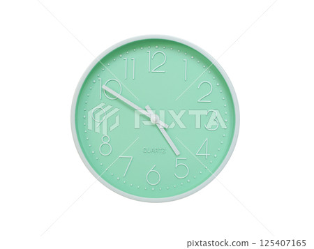 Modern mint green wall clock with white frame and numbers, showing 04:50 or 16:50. Ideal for minimalist designs, time-related content, or morning routine visuals. 125407165