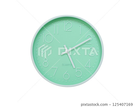 Modern mint green wall clock with white frame and numbers, showing 05:10 or 17:10. Ideal for minimalist designs, time-related content, or morning routine visuals. 125407169