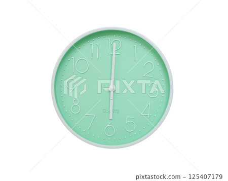 Modern mint green wall clock with white frame and numbers, showing 06:00 or 18:00. Ideal for minimalist designs, time-related content, or morning routine visuals. Modern mint green wall clock with white frame and numbers, showing 06:00 or 18:00. Ideal for minimalist designs, time-related content, or morning routine visuals. 125407179