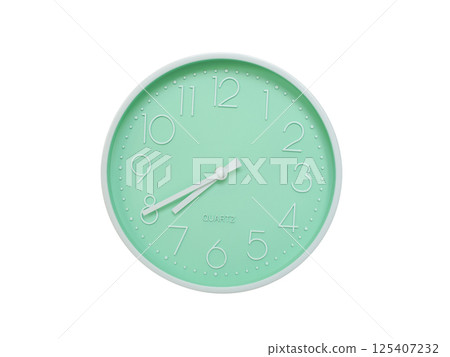 Modern mint green wall clock with white frame and numbers, showing 07:40 or 19:40. Ideal for minimalist designs, time-related content, or morning routine visuals. 125407232