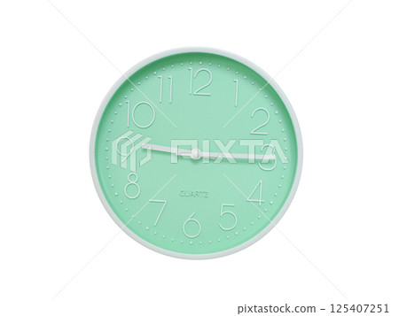 Modern mint green wall clock with white frame and numbers, showing 09:15 or 21:15. Ideal for minimalist designs, time-related content, or morning routine visuals. Modern mint green wall clock with white frame and numbers, showing 09:15 or 21:15. Ideal for minimalist designs, time-related content, or morning routine visuals. 125407251
