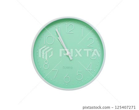 Modern mint green wall clock with white frame and numbers, showing 10:55 or 22:55. Ideal for minimalist designs, time-related content, or morning routine visuals. Modern mint green wall clock with white frame and numbers, showing 10:55 or 22:55. Ideal for minimalist designs, time-related content, or morning routine visuals. 125407271