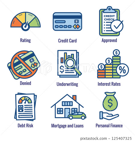 Credit Score and Loans Icon Set with Approved Credit Underwriting Interest Rates Debt Mortgage Refinance Credit Score and Loans Icon Set with Approved Credit Underwriting Interest Rates Debt Mortgage Refinance 125407325