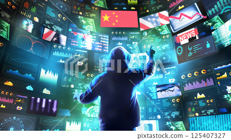 Person in hoodie gestures toward stacked news and finance monitors showing market crashes, global downturn, and nation flags. 125407327