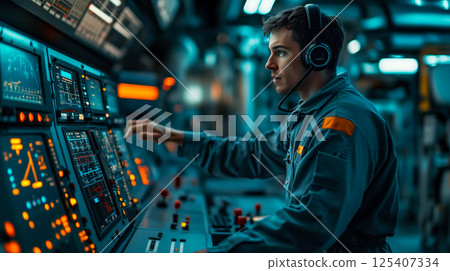 A control room operator wearing a headset, monitoring advanced systems and operating machinery in a high-tech environment 125407334