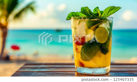 A refreshing mojito cocktail with lime and mint on a wooden table overlooking a tropical beach with clear blue water 125407335