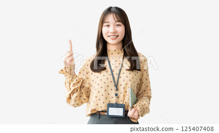 微笑的女人/女商人用食指引導 微笑的女人/女商人用食指引導 125407408