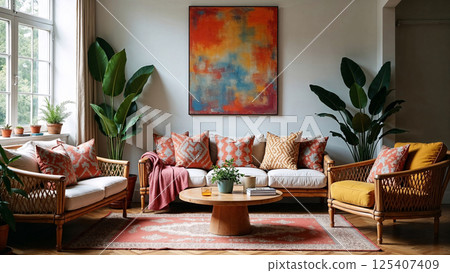 Bohemian style living room with rattan furniture, colorful cushions and indoor plants Bohemian style living room with rattan furniture, colorful cushions and indoor plants 125407409