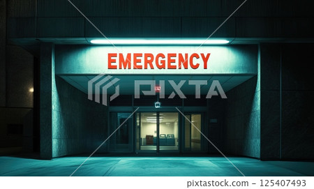 Hospital emergency entrance at night with bold red sign above sliding doors and illuminated walkway 125407493