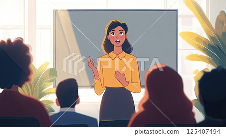 Instructor presenting ideas on digital board to seated colleagues in modern corporate seminar room 125407494