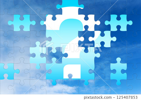 Missing puzzle piece with question mark on blue sky background Missing puzzle piece with question mark on blue sky background 125407853