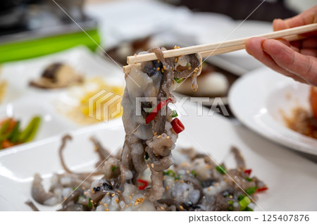 Korean food. chopped live octopus Korean food. chopped live octopus 125407876