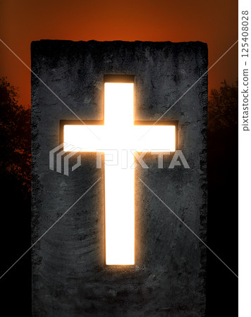 Glowing cross, Christian symbol of hope and faith, cut into stone monument at sunset Glowing cross, Christian symbol of hope and faith, cut into stone monument at sunset 125408028