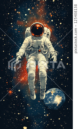 A playful and futuristic pin-up poster of an astronaut drifting in zero gravity, with bright celestial lights and a glowing Earth in the background 125408138