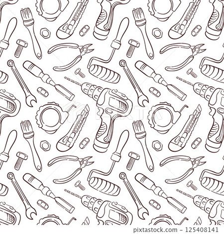 Seamless pattern with repair tools in line art style. Background with drill, Paint Roller, Tape Measure, Wire Cutter, Utility Knife, Wrench. Design for a construction store. 125408141