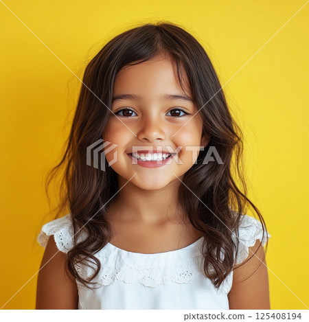 A lively, happy Hispanic girl in a bright, single-color background, embodying youthful charm, perfect for commercial visuals promoting vibrant products or services 125408194