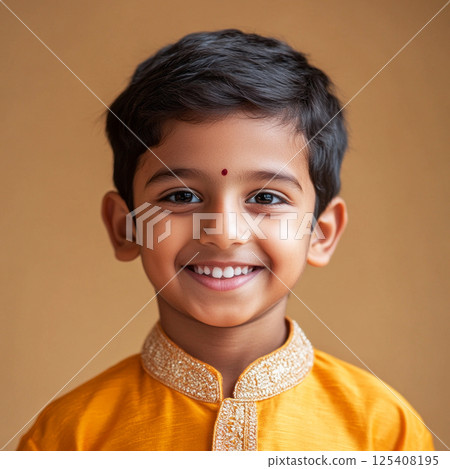 A cheerful Hindu boy with a bright smile, captured in vibrant portrait style on a pastel plain background, ideal for marketing and advertising visuals 125408195
