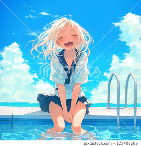 坐在泳池邊的女孩 125408269