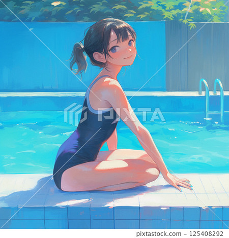 坐在泳池邊的女孩 125408292