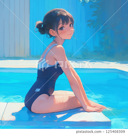 坐在泳池邊的女孩 125408309